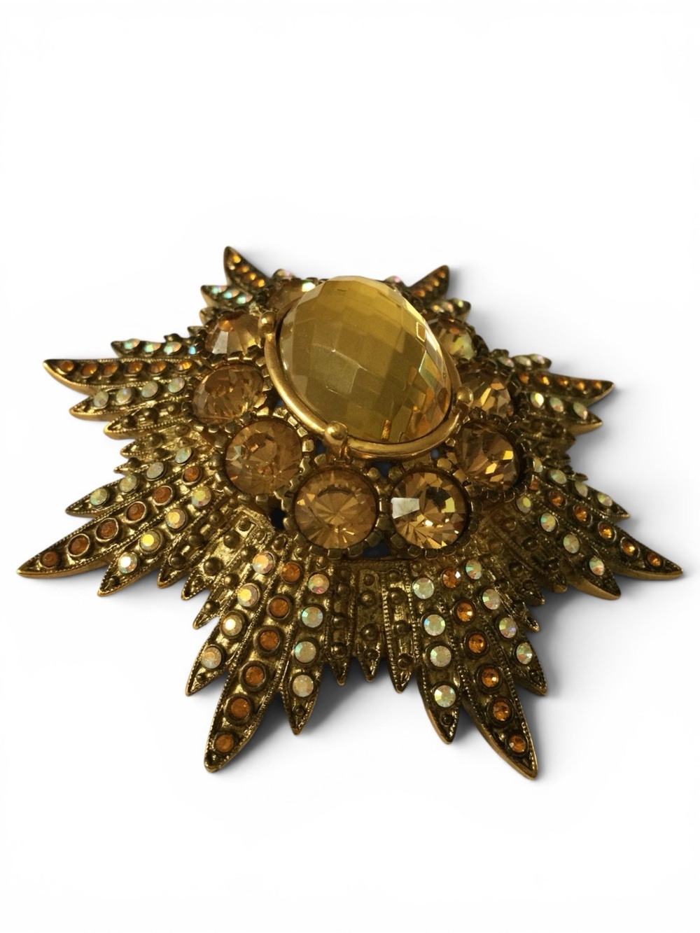 Vintage Joan Rivers Signed Starburst Brooch w/ Citrine, Amber & AB Rhinestones - Picture 8 of 13